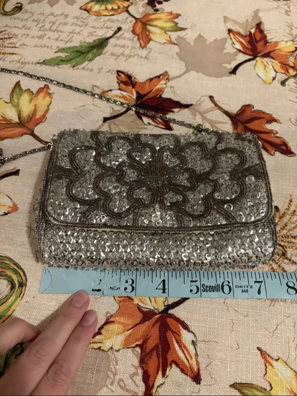 Silver Sequin Floral Evening Crossbody Bag